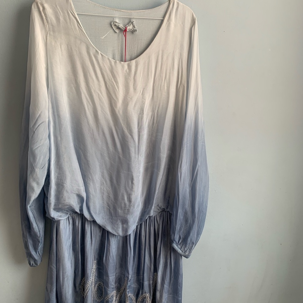 PINK CHERRY Blue Ombre Metallic Embroidery Silk Blouson Cocktail Dress One Size